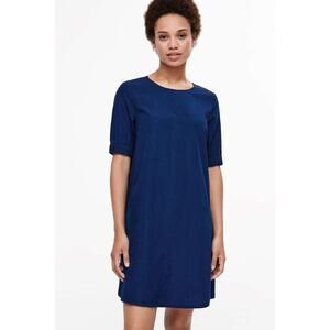 [COS] Blue Chambray Denim Half Sleeve Boat Neck Shift A-Line Mini Dress Size 6